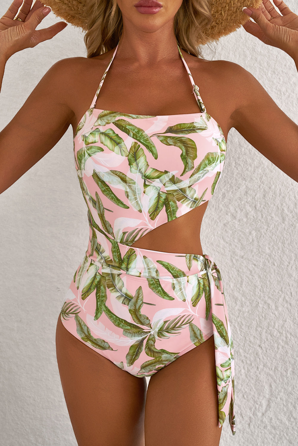 Pink Tropical Asymmetric Halter One Piece Swimsuit