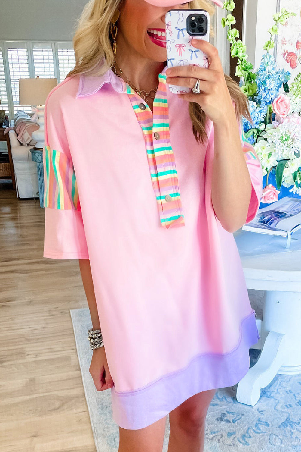 Pink Multicolor Rainbow Stripe T Shirt Dress