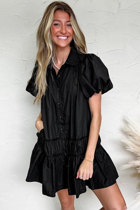 Teri Black Ruffled Shirt Style Dress