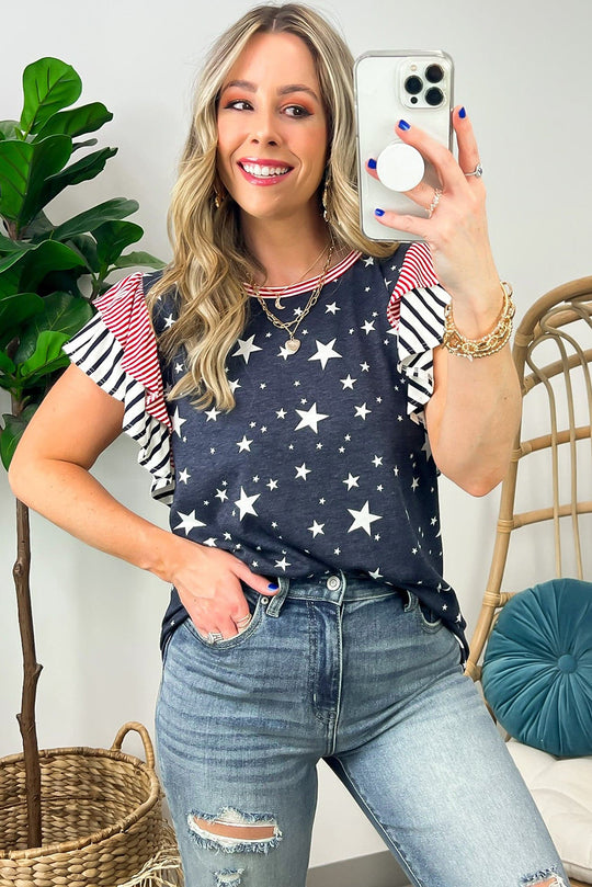 Gray Striped Ruffled Sleeve Star T Shirt