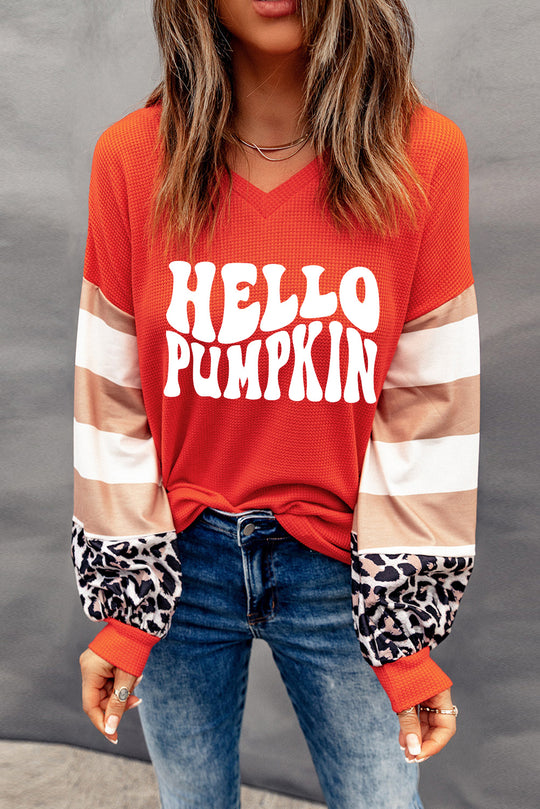  Leopard Striped "Hello Pumpkin" Orange Long Sleeve Top