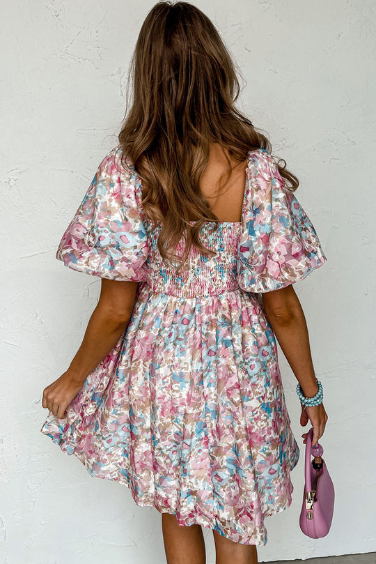 Pink Floral Puff Sleeve Square Neck Smock Ruffled Dress - Klazzi Fashion Boutique