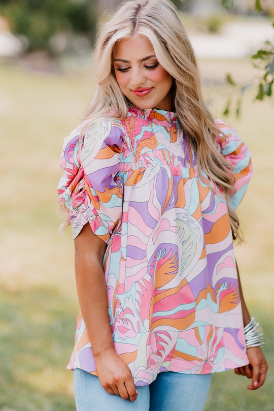 Lilac Abstract Bubble Sleeve Blouse