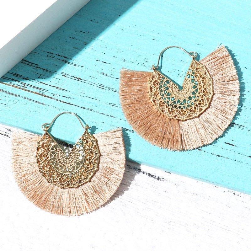 Fancy Fan Bohemian Shaped Tassel Earrings - Klazzi Fashion Boutique