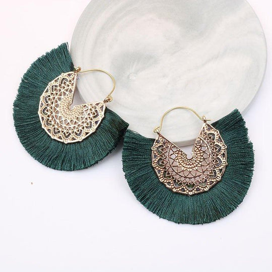 Fancy Fan Bohemian Shaped Tassel Earrings - Klazzi Fashion Boutique