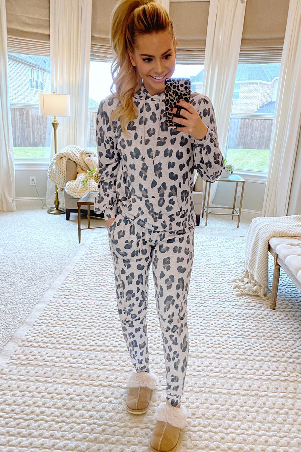 Sassy Leopard Drawstring Hoodie Pajama Set