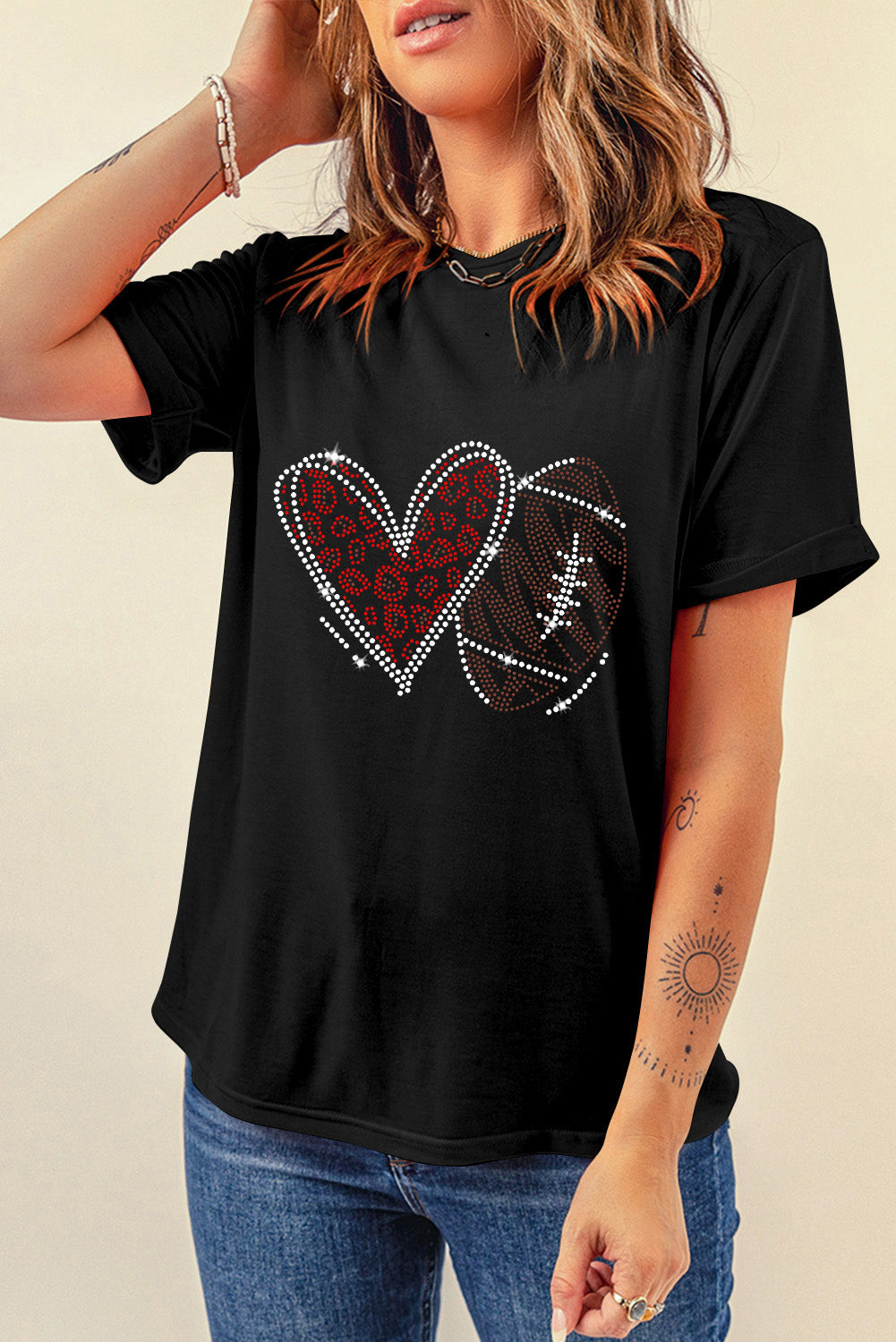 Black Rhinestone Football Heart Shape Graphic T Shirt