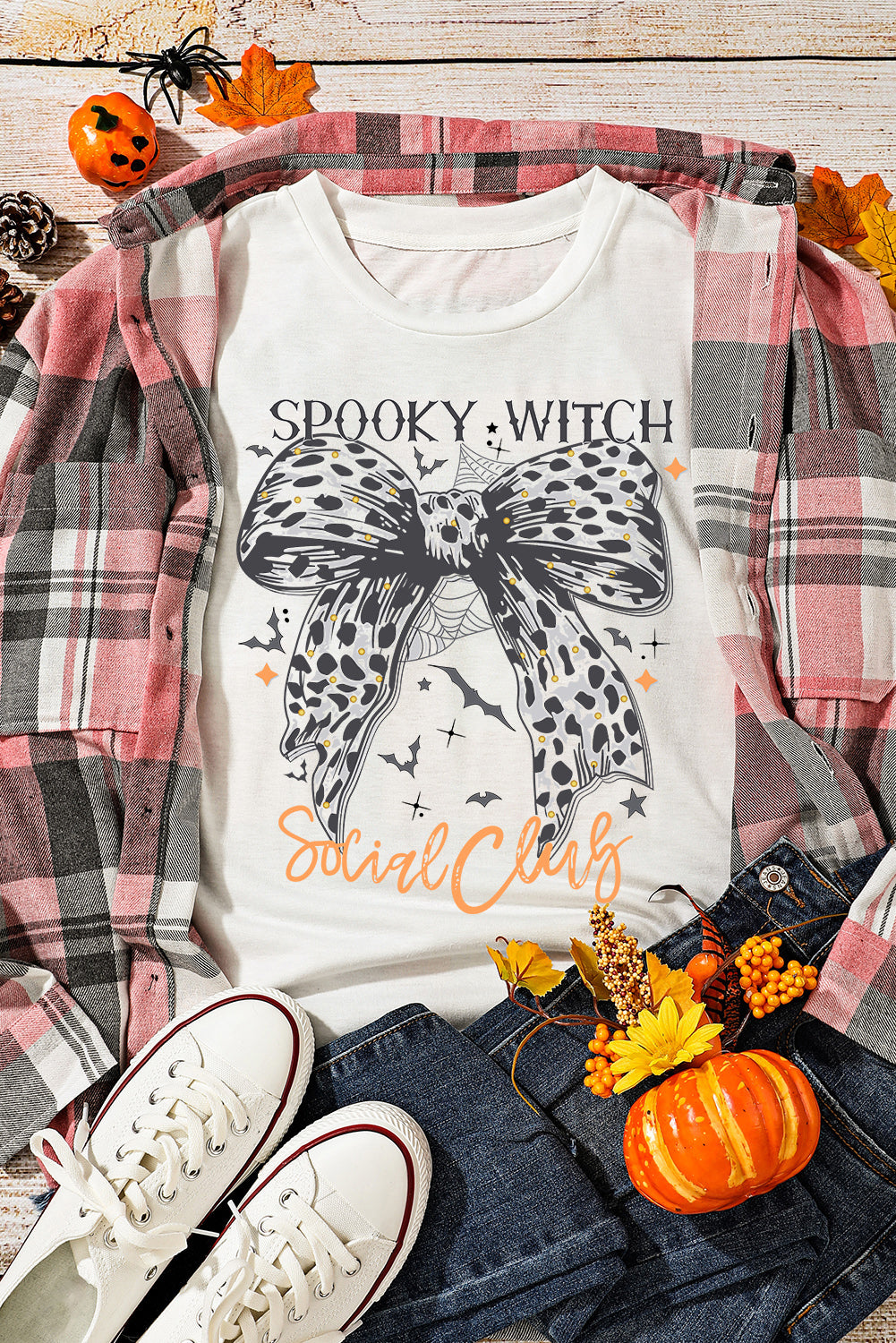  Leopard Bow Bat "SPOOKY WITCH" Graphic Halloween T Shirt