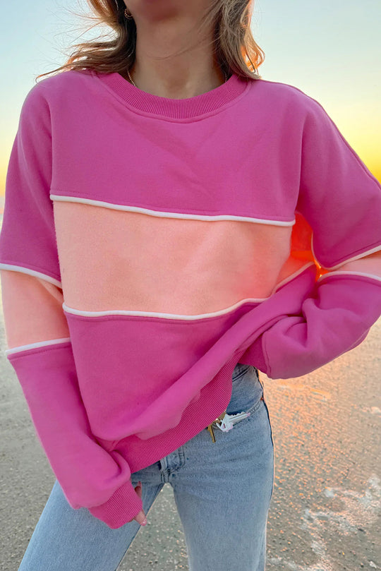  Pink Two-Toned Drop Shoulder Ribbed Trim Sweatshirt