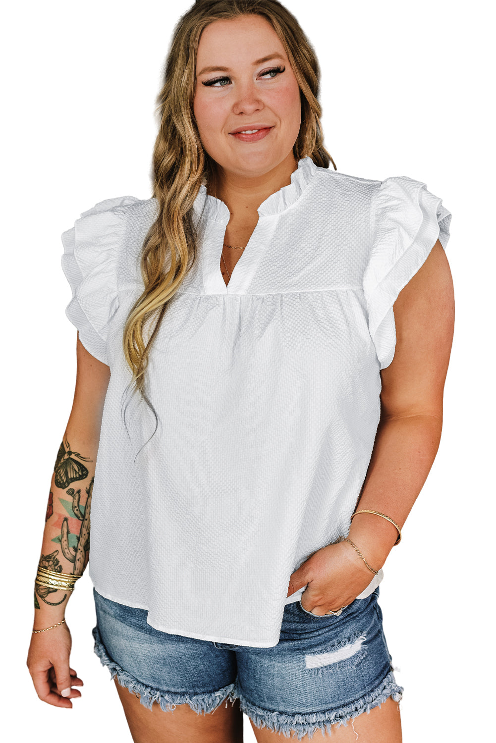 Ruffled White Flutter Sleeve Plus Size Blouse - Klazzi Fashion Boutique