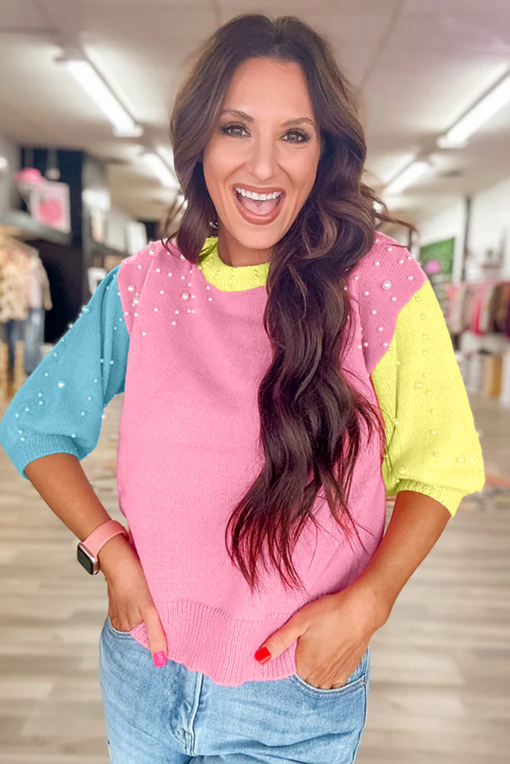 Lacie Pearled Multicolor Half Sleeve Sweater