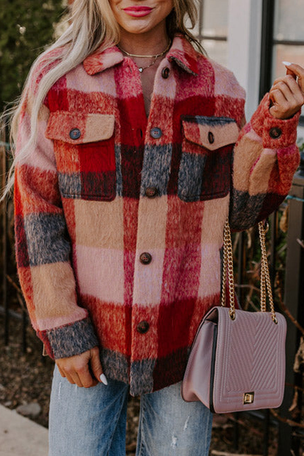 Orange Plaid Casual Buttoned Plus Size Shacket