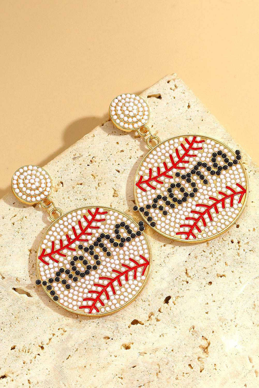 White "Mama" Beaded Baseball Shape Earrings