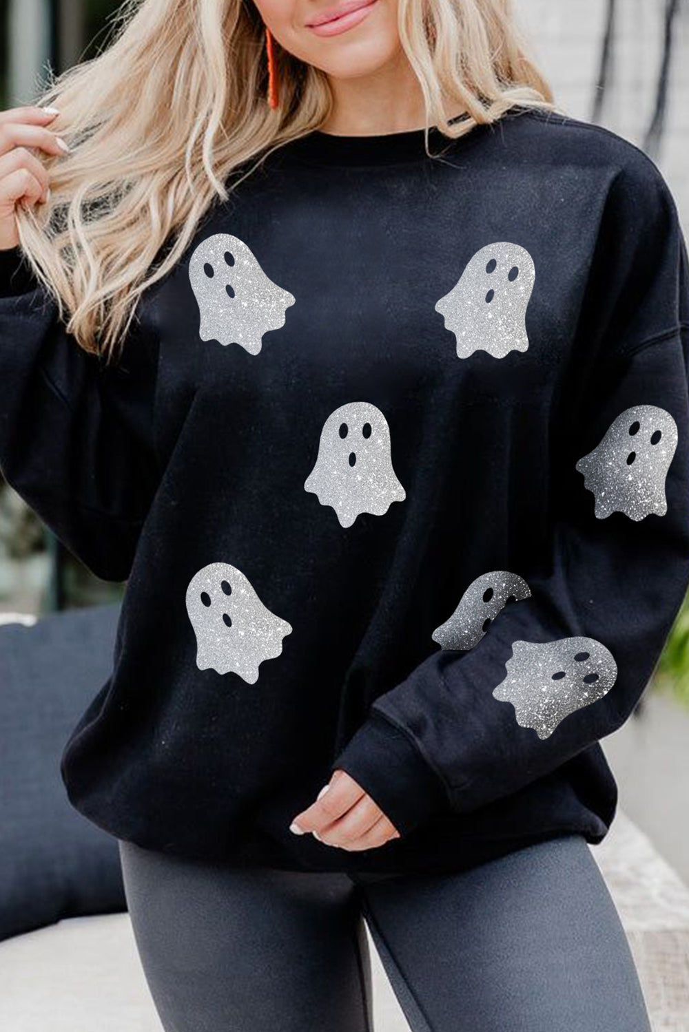 Glitter Ghost Pattern Halloween Sweatshirt