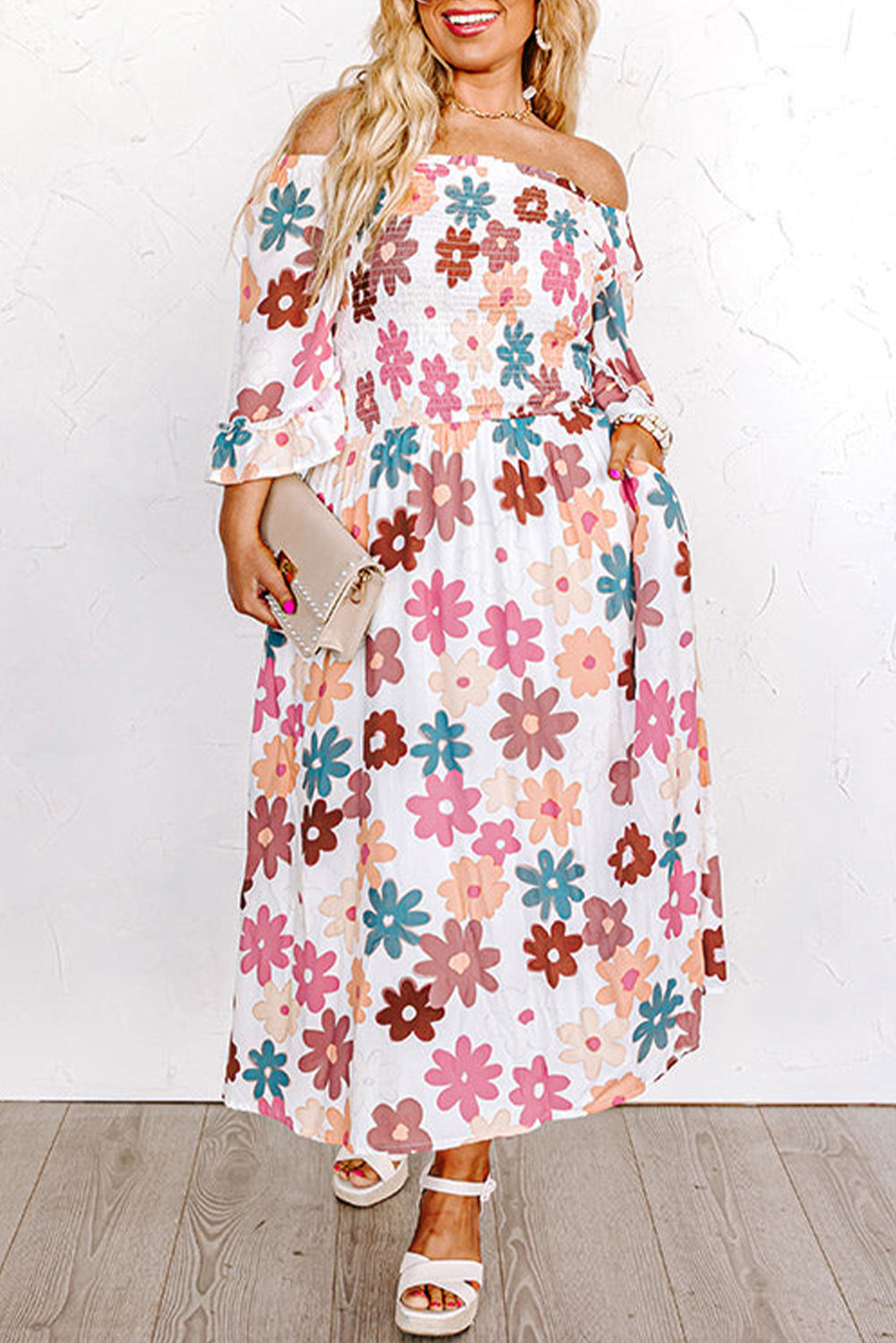 White Plus Size Spring Flower Off Shoulder Dress