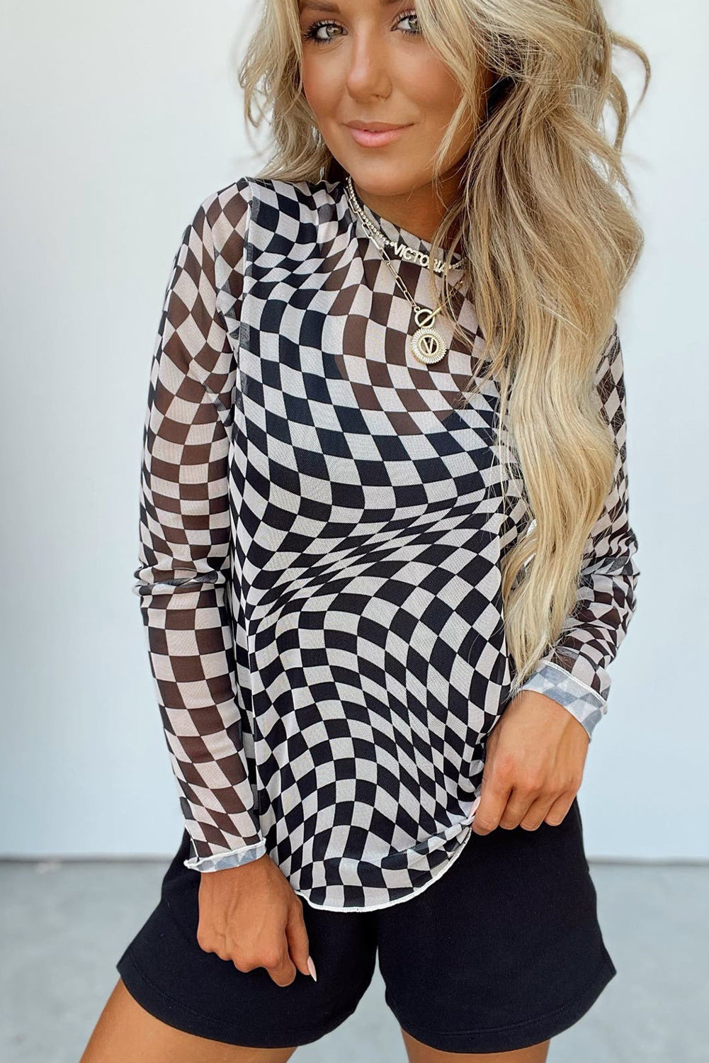 Checkered Sheer Long Sleeve Mesh Top