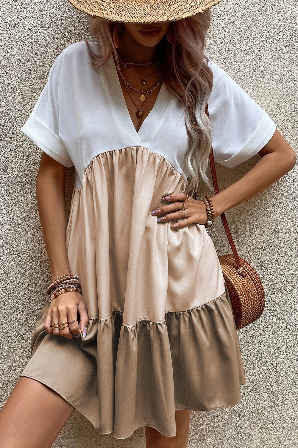  French Beige Tiered Loose Dress