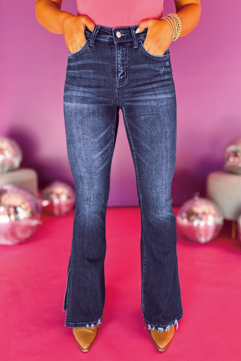 Flared Split High Waist Denim Jeans - Klazzi Fashion Boutique