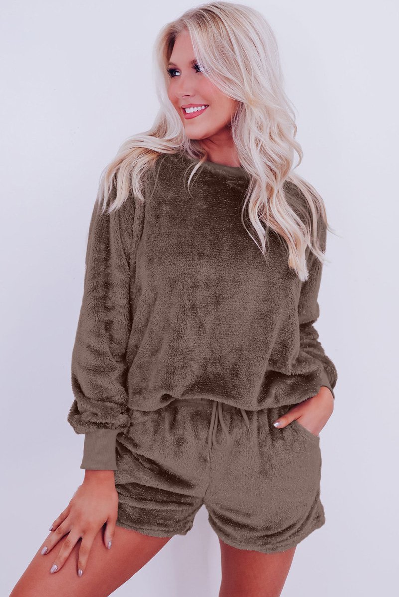 Fleece Coffee Two Piece Lounge Set - Klazzi Fashion Boutique