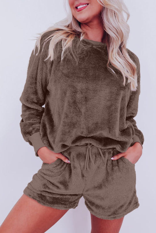 Fleece Coffee Two Piece Lounge Set - Klazzi Fashion Boutique