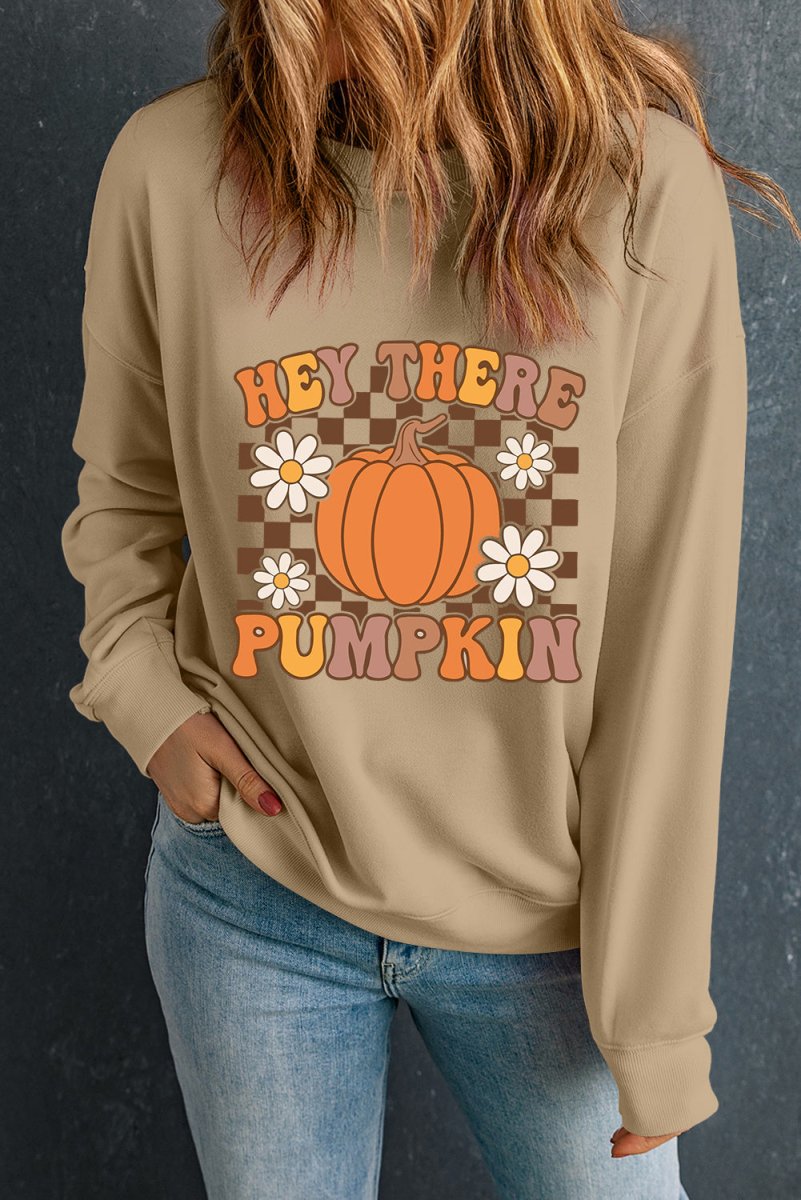 Floral Checkered "Hey There Pumpkin" Graphic Sweatshirt - Klazzi Fashion Boutique