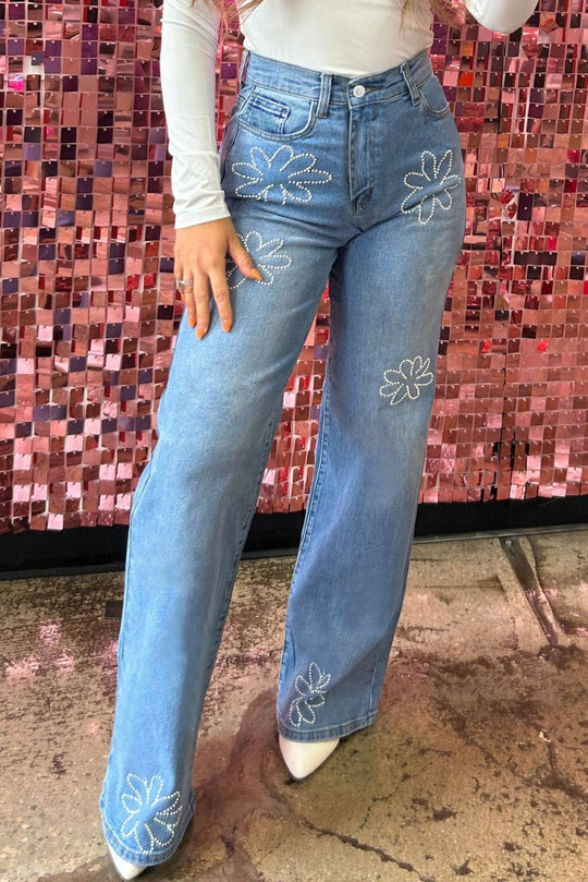 Floral Rhinestone High Rise Wide Leg Denim - Klazzi Fashion Boutique