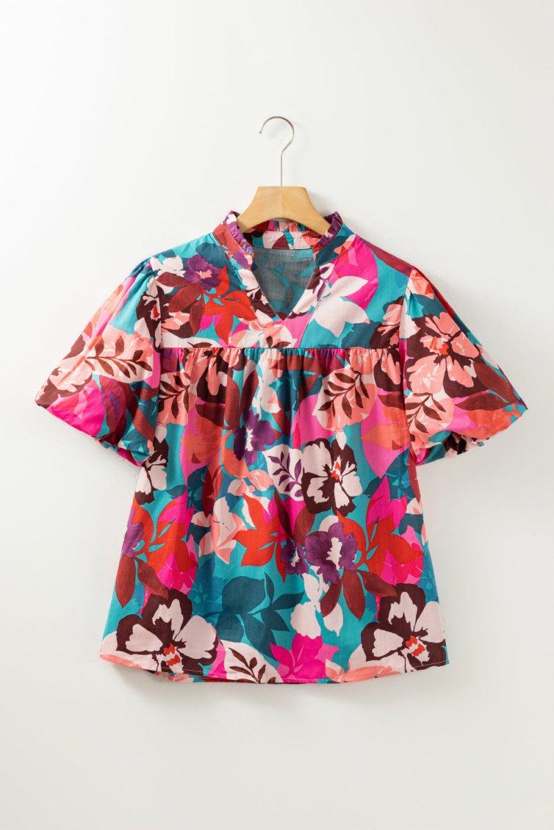 Floral Rose Red Notched Blouse - Klazzi Fashion Boutique