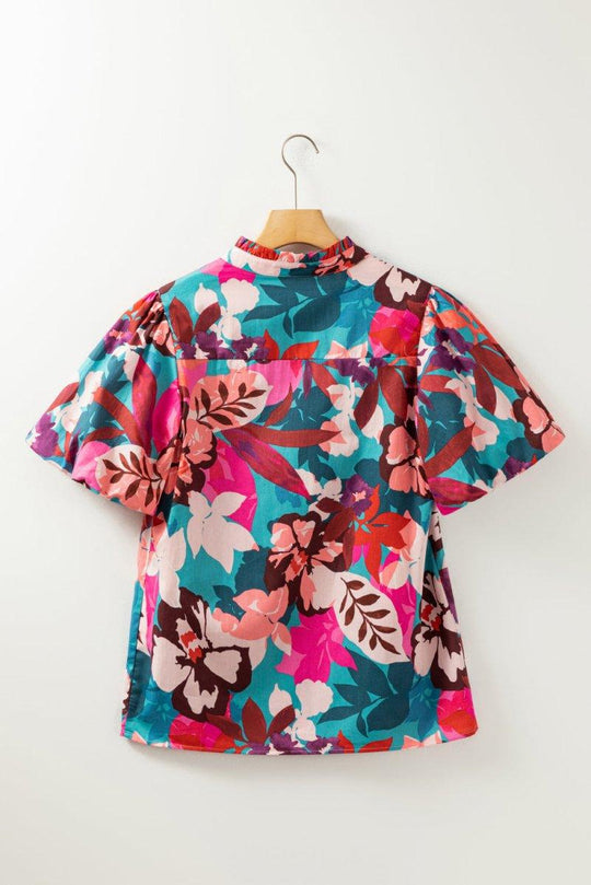 Floral Rose Red Notched Blouse - Klazzi Fashion Boutique