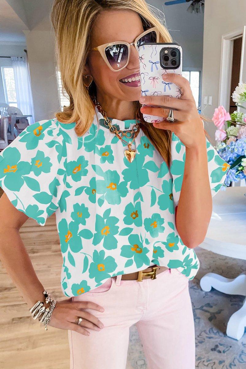 Floral Turquoise Puff Sleeve Blouse - Klazzi Fashion Boutique