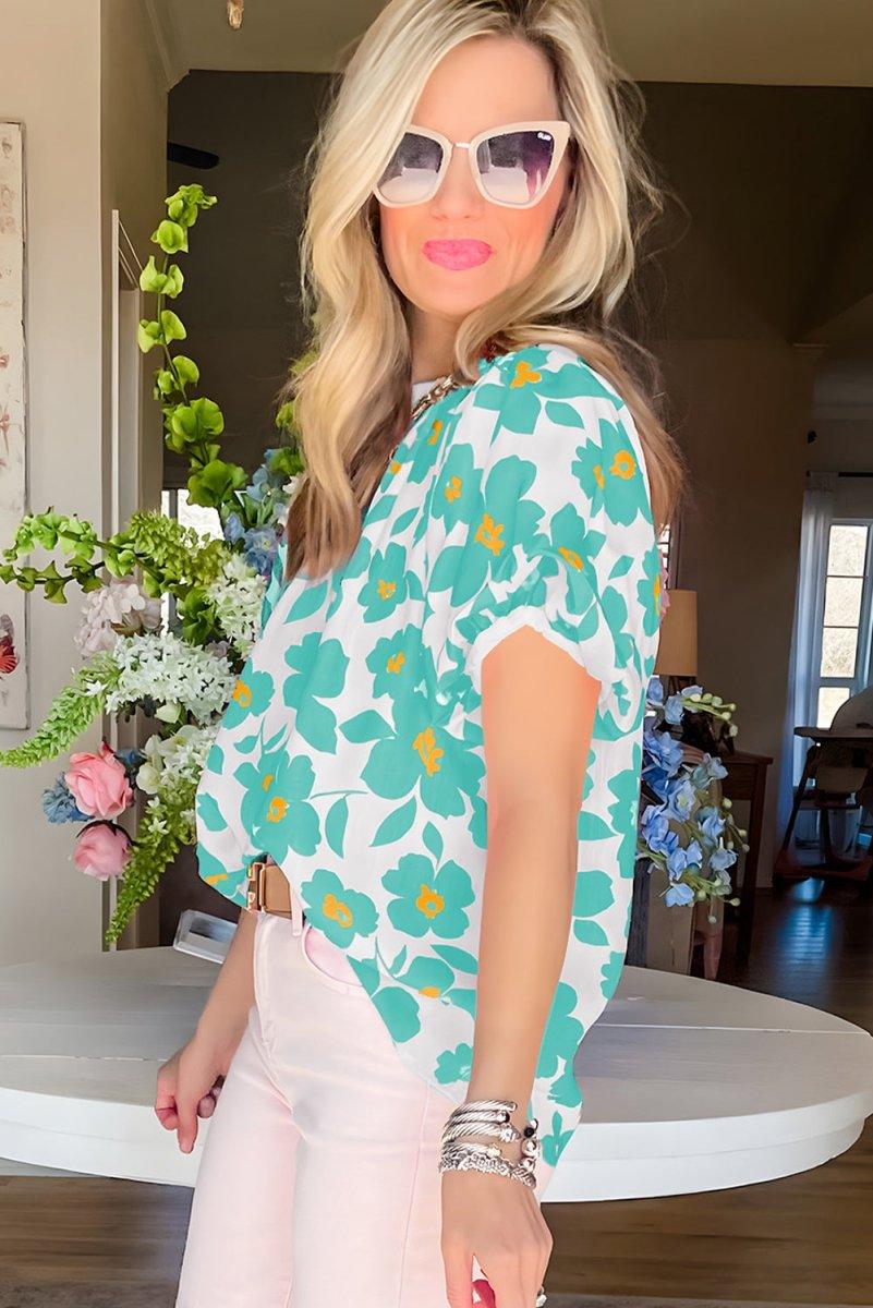 Floral Turquoise Puff Sleeve Blouse - Klazzi Fashion Boutique