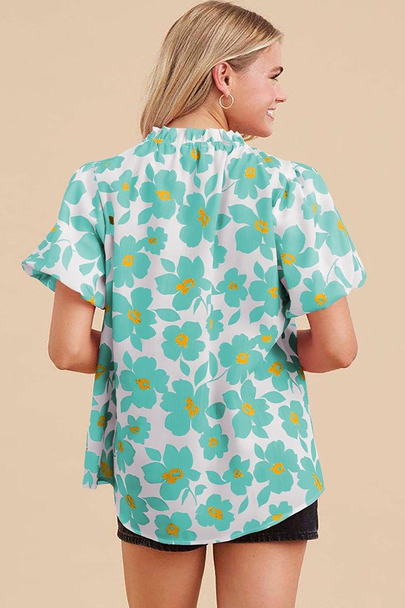 Floral Turquoise Puff Sleeve Blouse - Klazzi Fashion Boutique