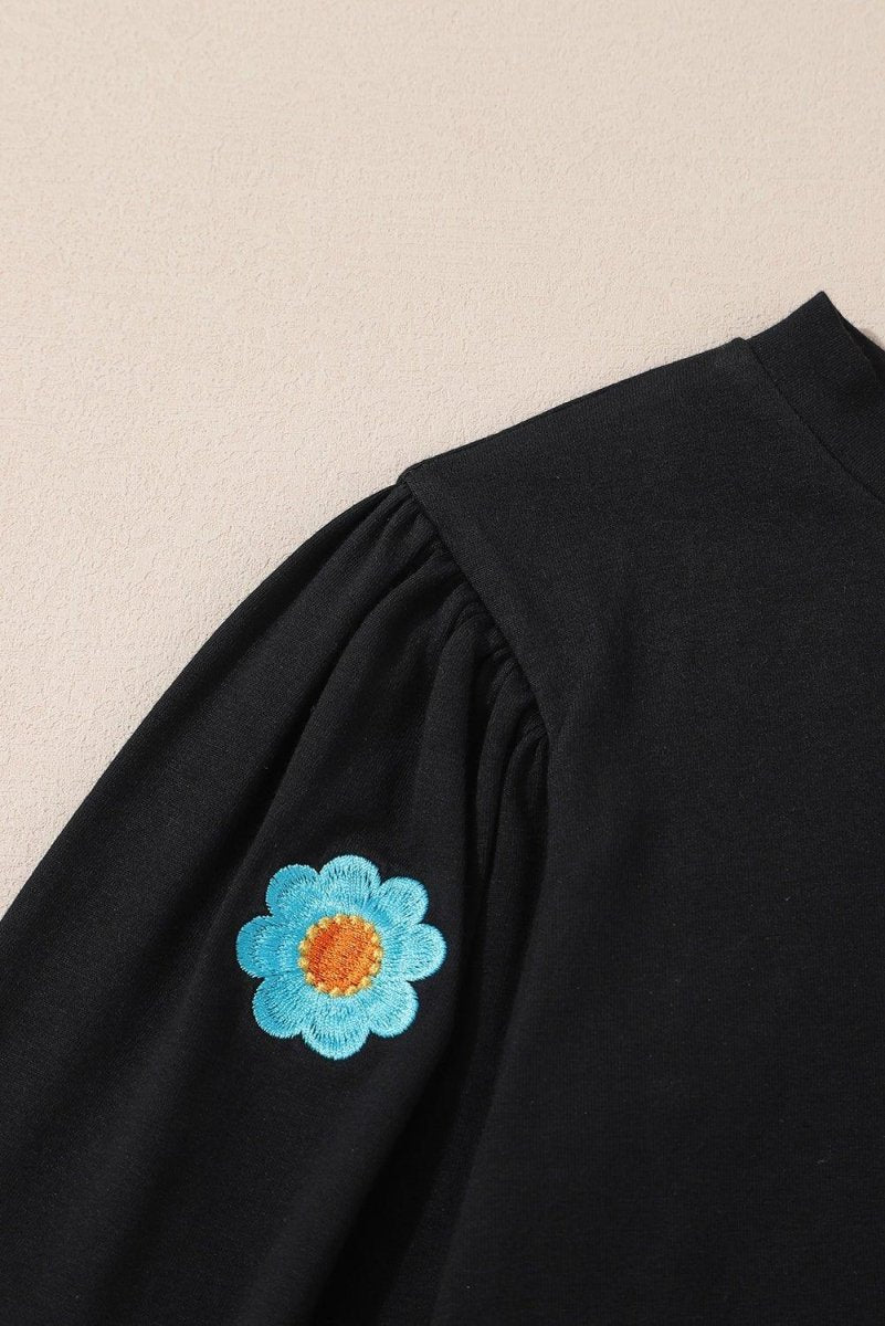 Flowery Embroidered Puff Sleeve Black Sweater - Klazzi Fashion Boutique