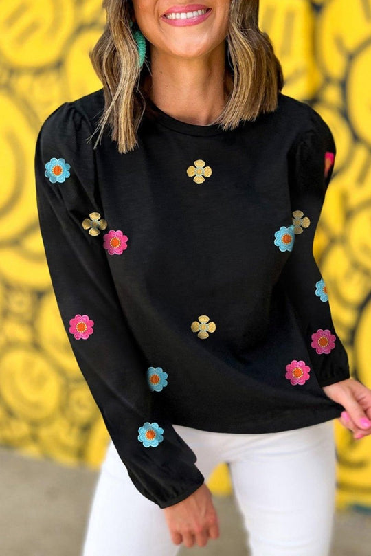 Flowery Embroidered Puff Sleeve Black Sweater - Klazzi Fashion Boutique