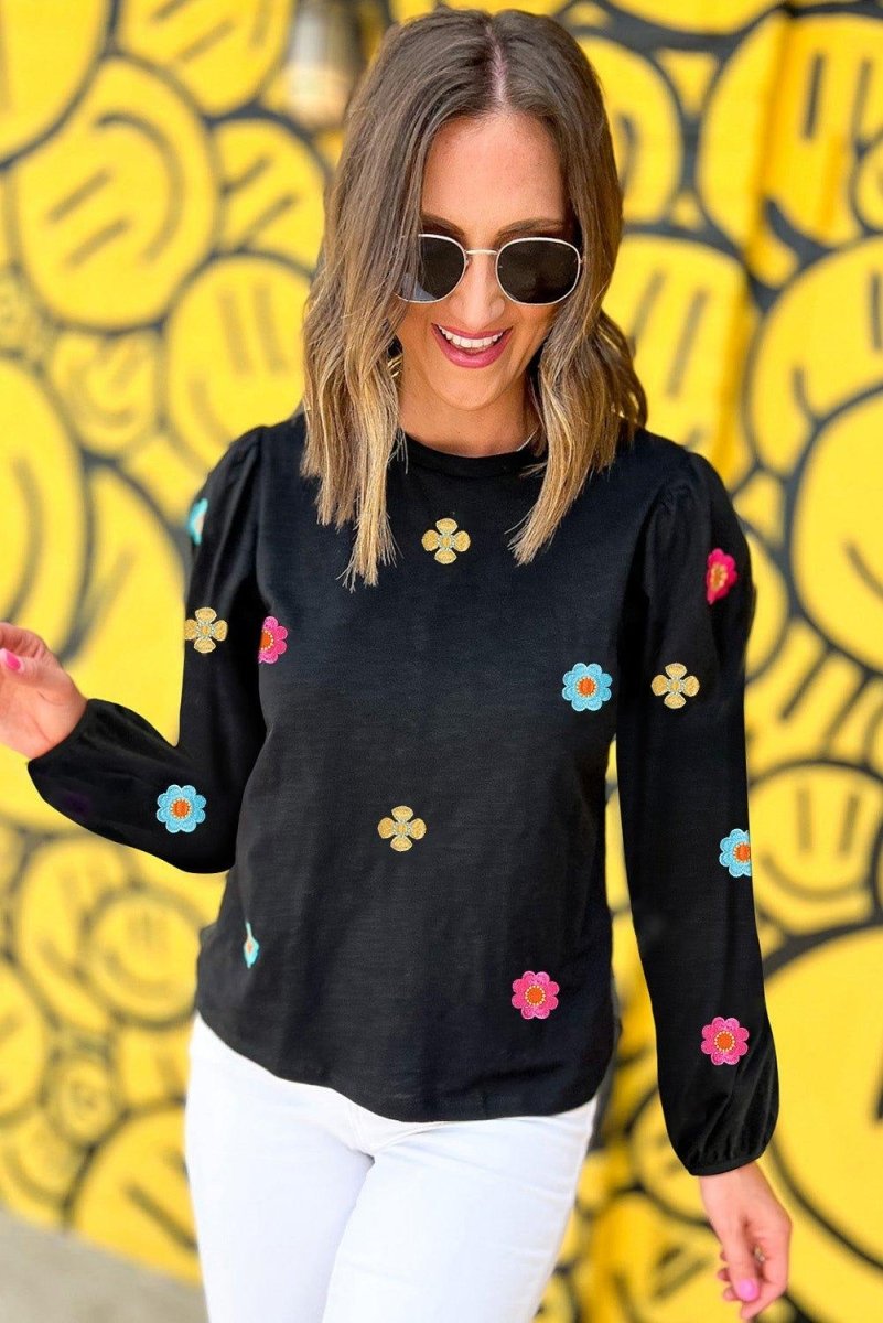 Flowery Embroidered Puff Sleeve Black Sweater - Klazzi Fashion Boutique