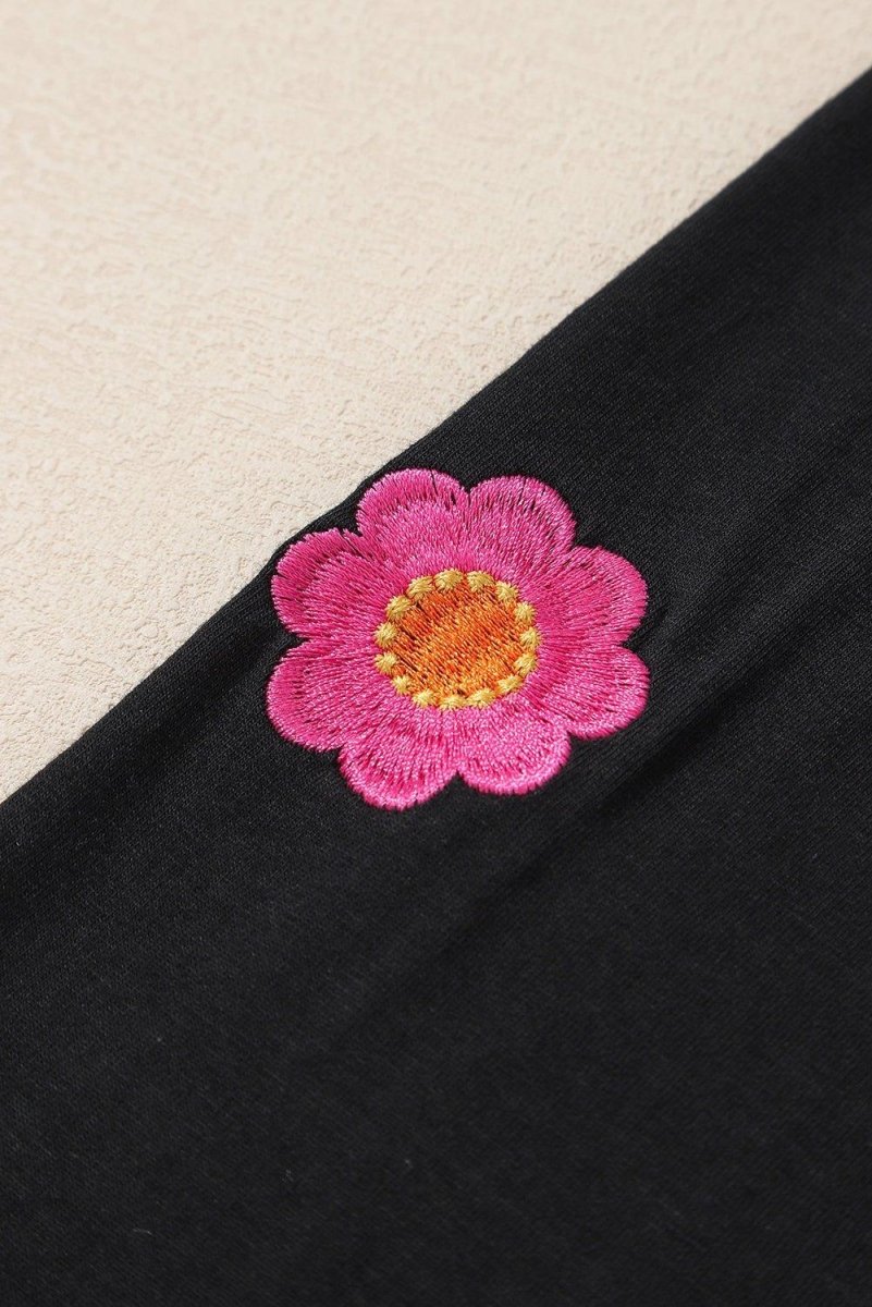 Flowery Embroidered Puff Sleeve Black Sweater - Klazzi Fashion Boutique