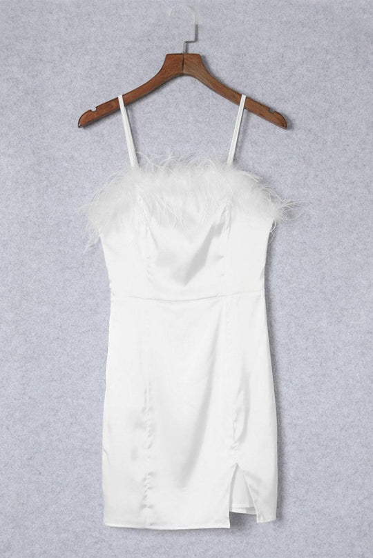 Fluffy White Feather Strapless Mini Dress - Klazzi Fashion Boutique