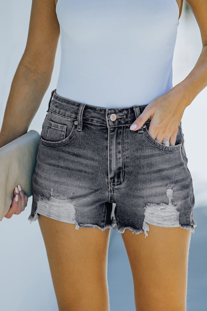 Frayed Distressed Denim Shorts - Klazzi Fashion Boutique