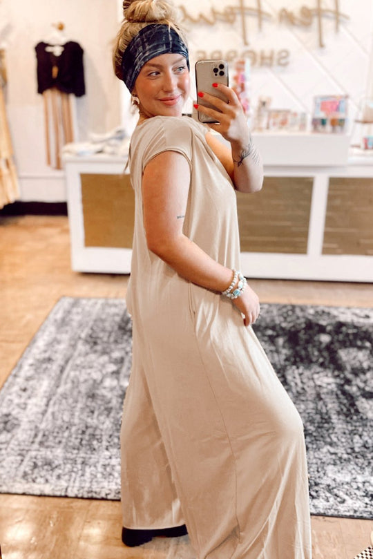 French Beige Curvy Wide Leg Jumpsuit - Klazzi Fashion Boutique