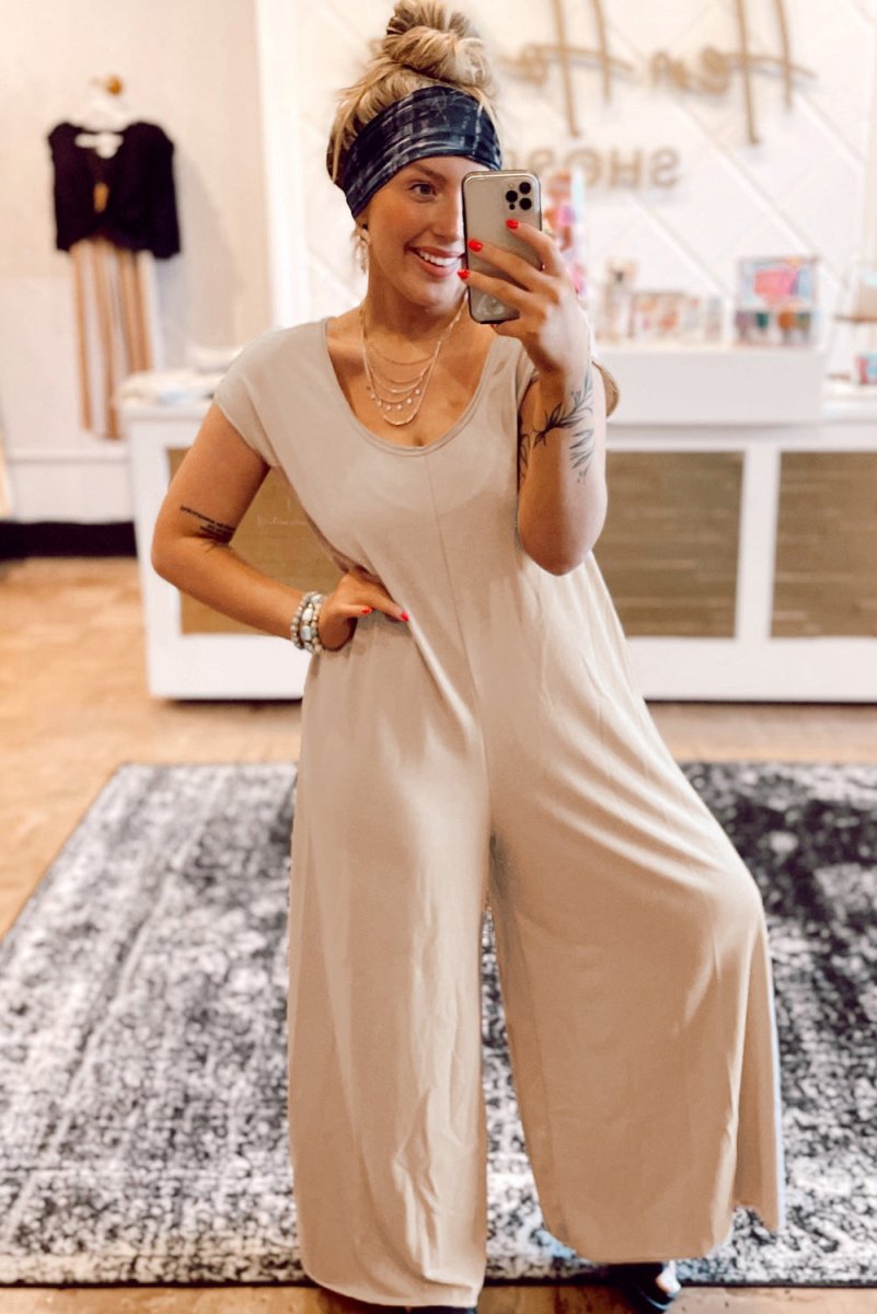 French Beige Curvy Wide Leg Jumpsuit - Klazzi Fashion Boutique