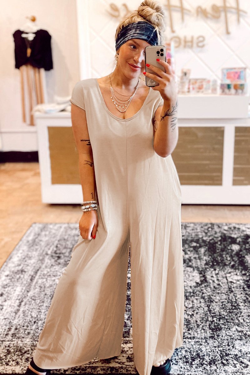 French Beige Curvy Wide Leg Jumpsuit - Klazzi Fashion Boutique