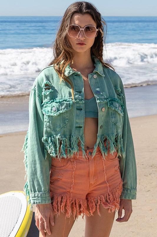 Fringe Distressed Crop Denim Jacket - Klazzi Fashion Boutique