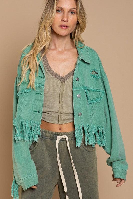 Fringe Distressed Crop Denim Jacket - Klazzi Fashion Boutique