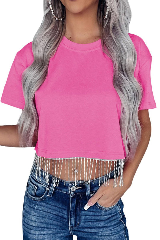 Fringy Pink Rhinestone Crop Top - Klazzi Fashion Boutique