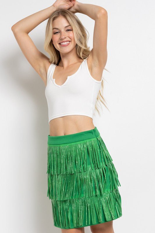 FRINGY RHINESTONE SUEDE SKIRT - Klazzi Fashion Boutique