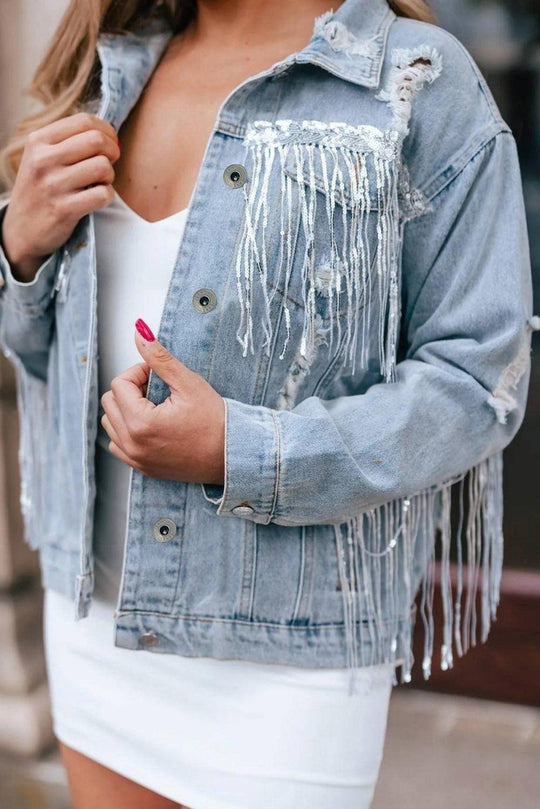 Fringy Sparkle Sequin Distressed Denim Jacket - Klazzi Fashion Boutique