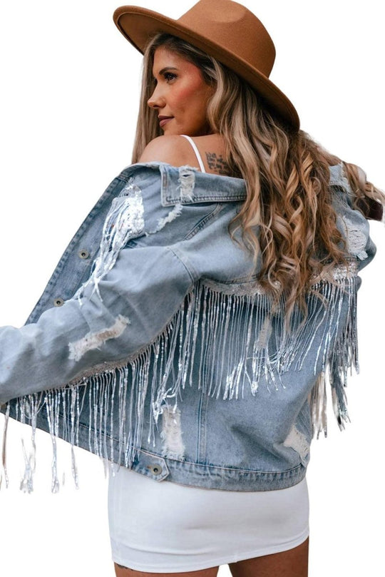 Fringy Sparkle Sequin Distressed Denim Jacket - Klazzi Fashion Boutique