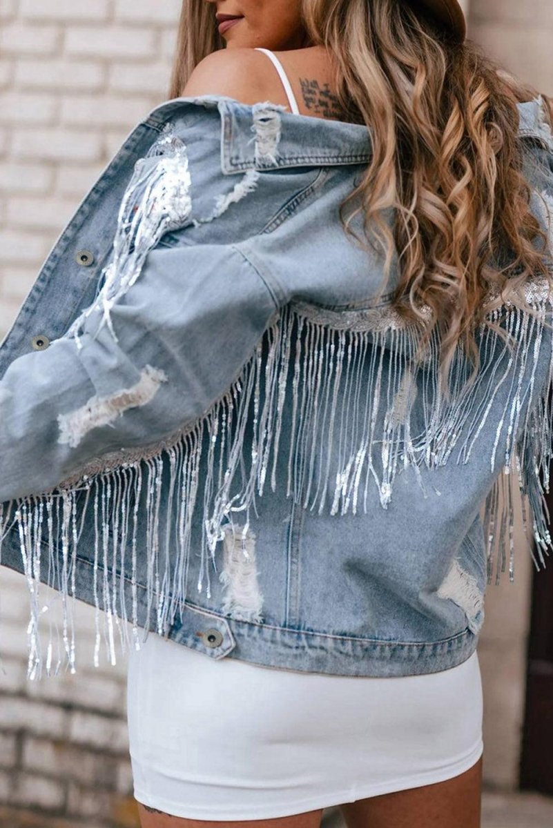 Fringy Sparkle Sequin Distressed Denim Jacket - Klazzi Fashion Boutique