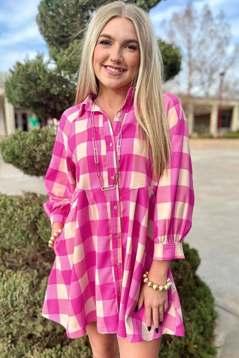 Fushia Plaid Collared Shirt Flare Mini Dress - Klazzi Fashion Boutique