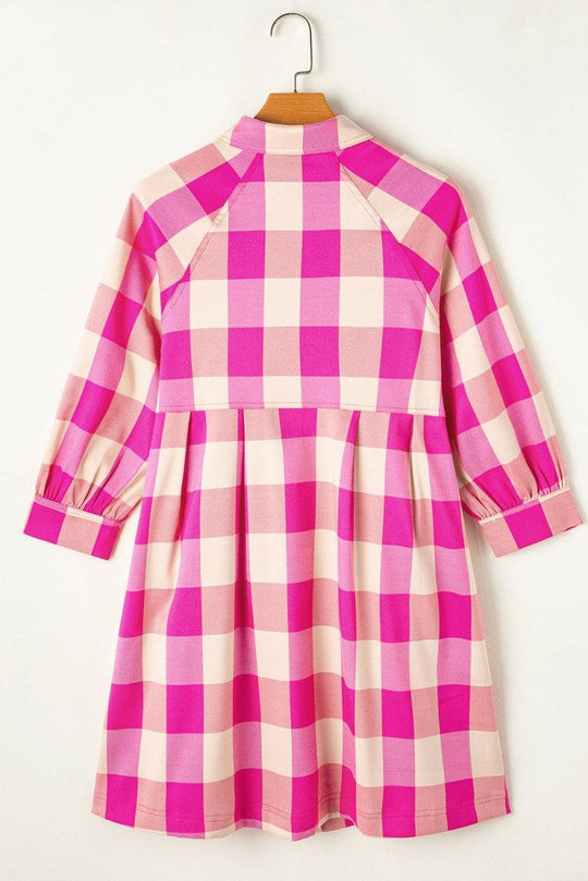 Fushia Plaid Collared Shirt Flare Mini Dress - Klazzi Fashion Boutique