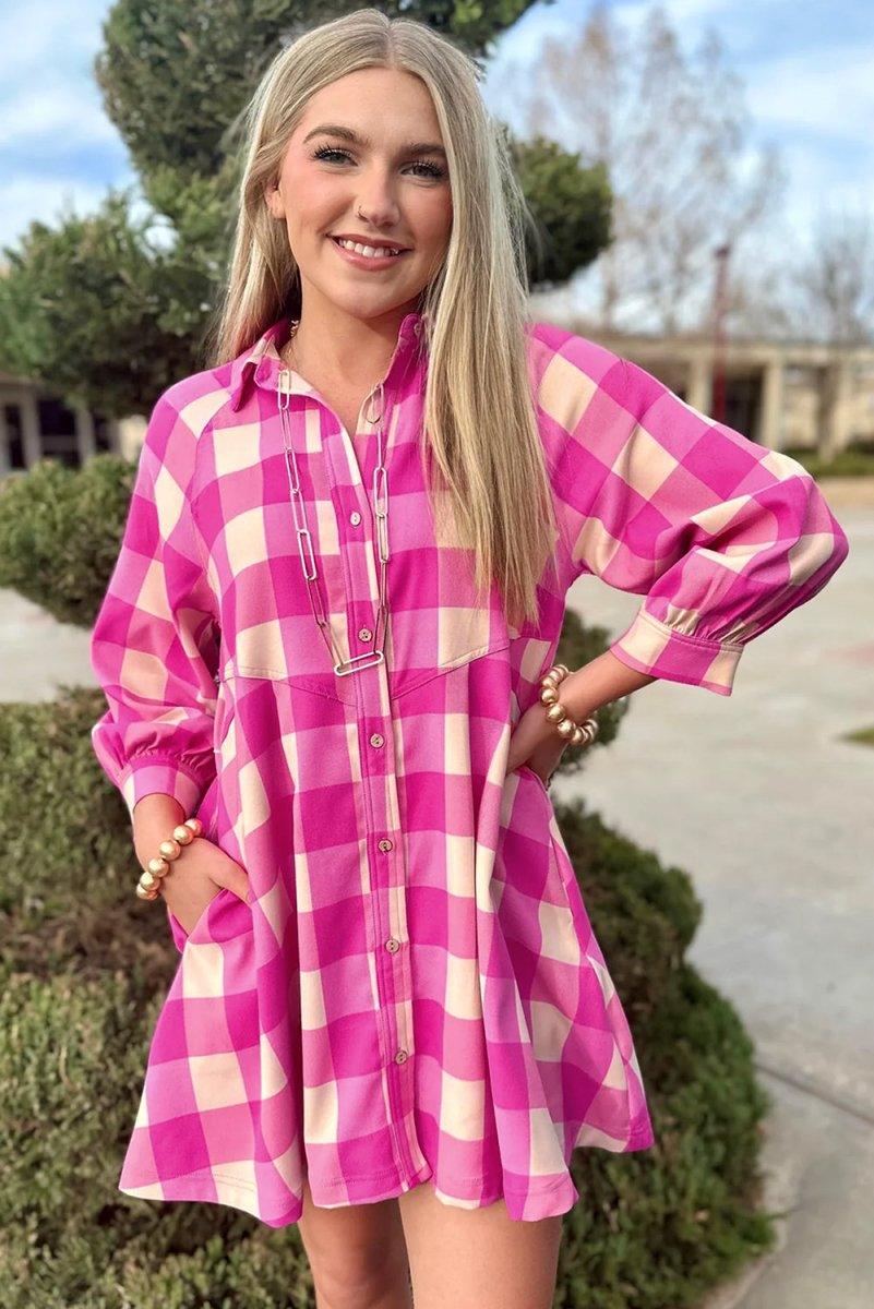 Fushia Plaid Collared Shirt Flare Mini Dress - Klazzi Fashion Boutique